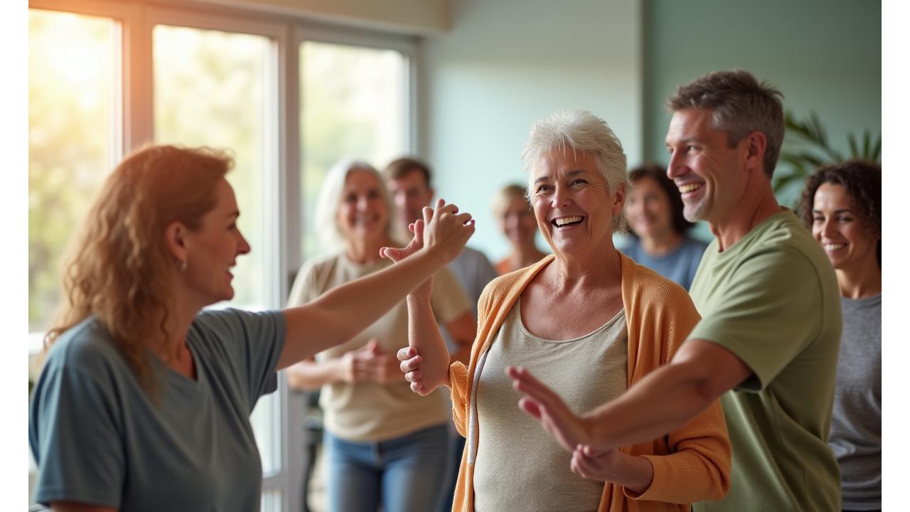 Diverse group of adults laughing and interacting positively in a bright, modern community space, symbolizing connection and support.